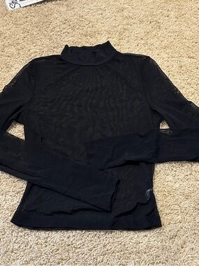 SHEIN Black Long Sleeve Sheer Mock Neck Top